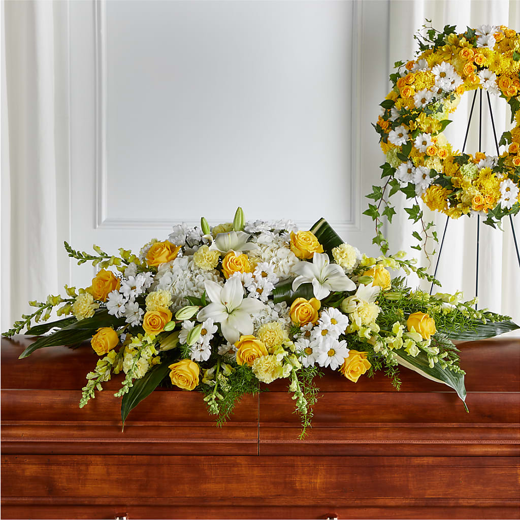 Golden Harmony Casket Spray – Stardust Flowers, Surrey BC