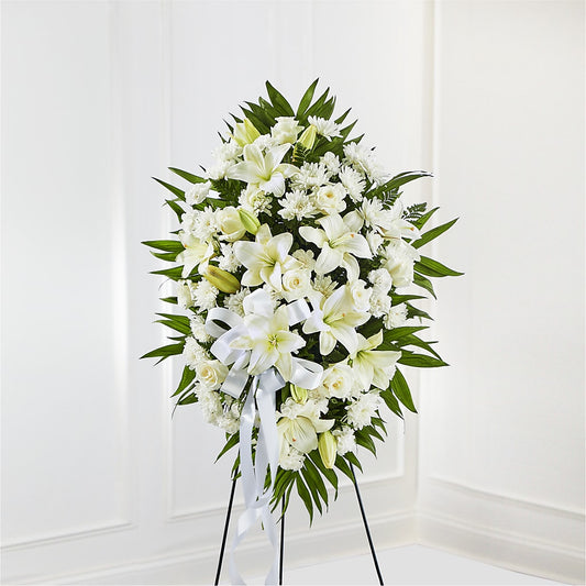 Exquisite Tribute Standing Spray-White Ribbon – Stardust Flowers, Surrey BC