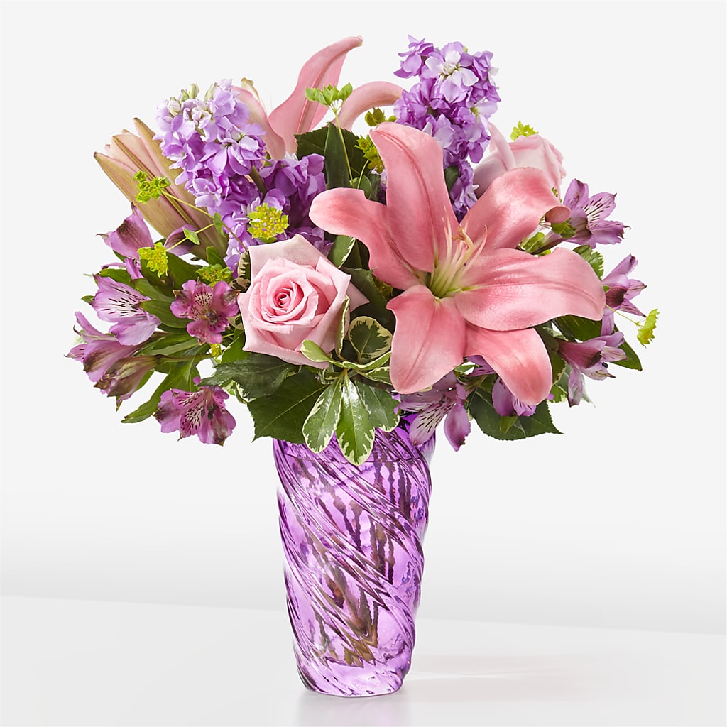 Precious Petals Bouquet with Luxe Swirl Vase – Stardust Flowers, Surrey BC